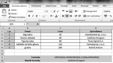 Rozdział 4. Formuły wyszukujące Parametr PRAWDA powoduje, że Excel w braku dokładnego dopasowania znajdzie komórkę, która ma kolejną największą wartość mniejszą od 50 (czyli 40). Rysunek 4.3.