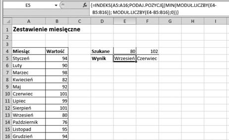 50 praktycznych formuł na każdą okazję wartości lub wartości jej najbliższej (w przykładzie E4) i wreszcie przeszukiwanego zakresu, czyli zakres komórek, w którym szukana będzie wartość poszukiwana