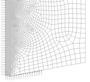 .8.7.6 y1=.5 y=5.5.4.3..1 Element skończony typu PLANE 183 Rys.. Schemat noża o zredukowanych wymiarach wraz z siatką dyskretyzacji, obciążeniami i utwierdzeniami Fig.