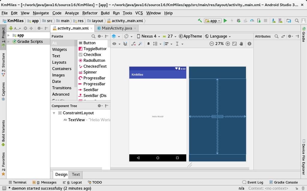 Poniżej zrzut ekranu z Android Studio po utworzeniu projektu: Po lewej stronie znajduje się przegląd plików projektu, o których nie chcę wspominać w tym miejscu.