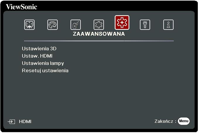 Menu ZAAWANSOWANE 1. Aby wyświetlić menu ekranowe (OSD), naciśnij Menu. 2. Za pomocą / wybierz menu ZAAWANSOWANA. Następnie naciśnij Enter (Wprowadź) lub /, aby przejść do menu ZAAWANSOWANA. 3.