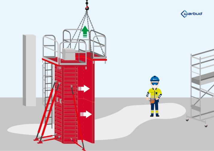 Słupy - ustawienie szalunków w miejscach docelowych; Zmontowana wcześniej ściana szalunkowa słupa przy użyciu dźwigu zostanie podniesiona i ustawiona w miejscu docelowym.