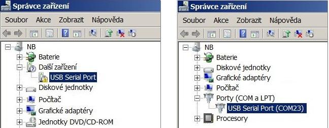 Obr. 7: Zobrazení zařízení bez ovladače ve Správci zařízení systému Windows na tlačítko Další (viz obrázek 8 vlevo).