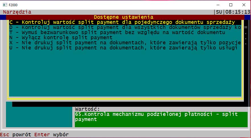 C Kontroluj wartość split payment dla pojedynczego dokumentu sprzedaży, Wybranie tej opcji spowoduje, że program będzie kontrolował wartość brutto równą lub powyżej 15 000 zł dla każdej wprowadzonej