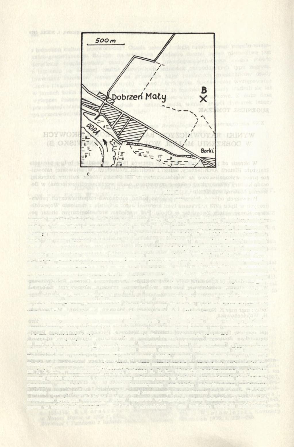 168 EUGENIUSZ TOMCZAK Ryc. 1. Dobrzeń Mały, woj. Opole. Plan sytuacyjny stanowiska B Situation plan of site B Rys. E. Tomczak żonych w odległości ok. 1-1,5 km od terasy Odry.