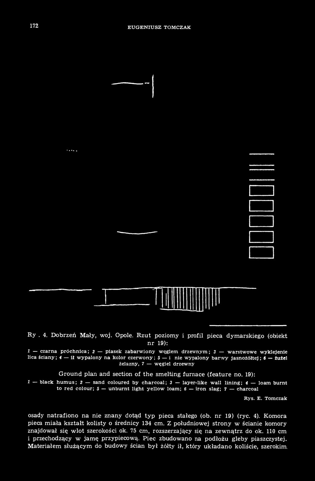 barwy jasnożóitej ; 6 żużel żelazny, 7 węgiel drzewny Ground plan and section of the smelting furnace (feature no.
