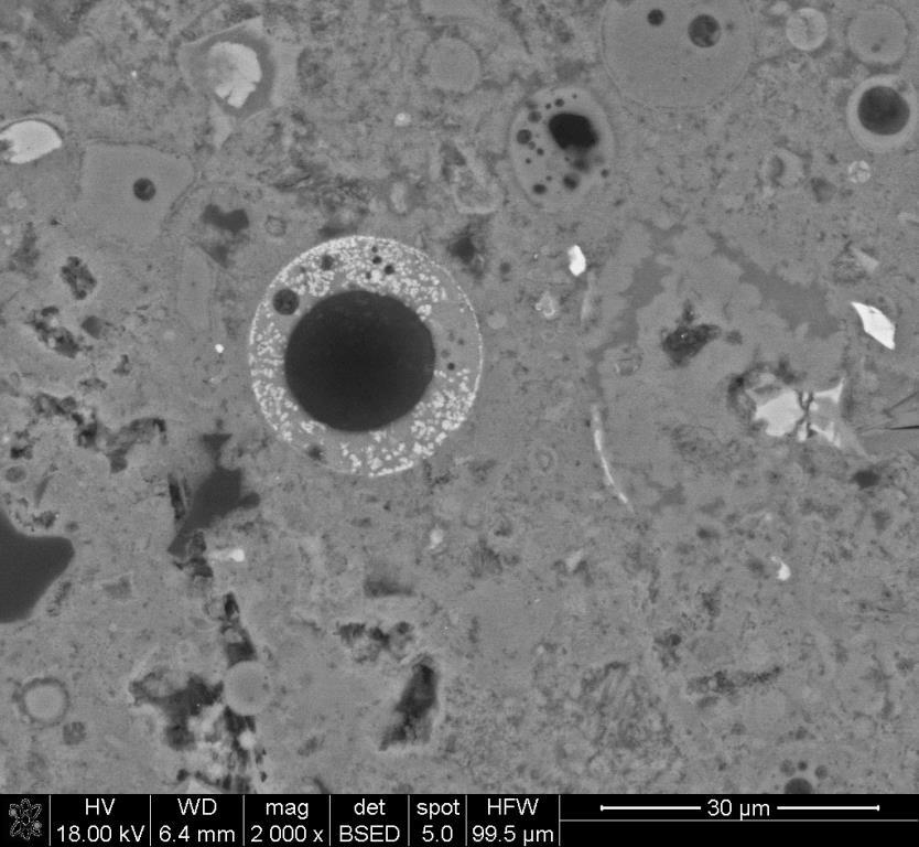 Analiza EDS w punkcie 1 (b) wskazuje na pozostałość pseudomorfozę po ettringicie, czego dowodzi dodatkowo spękanie wskutek ekspansji. Fig. 7.