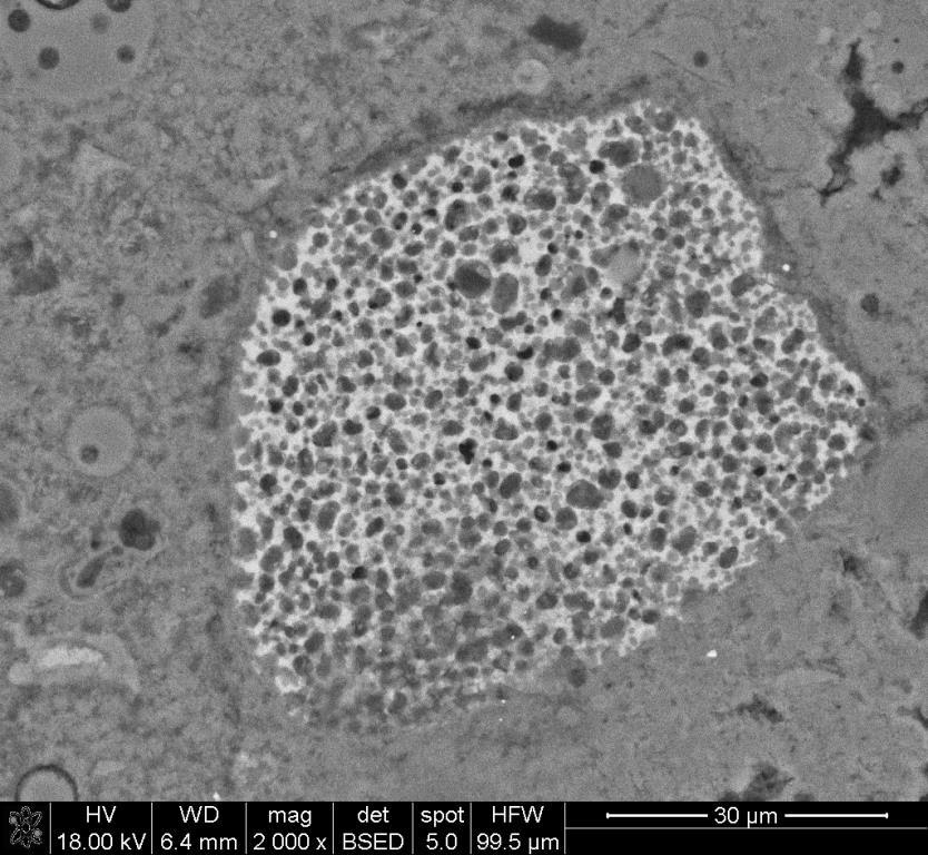 EDS analysis at point 1 (b) indicates the residue a pseudomorph after ettringite, which is additionally proved by cracking due to expansion. a) b) Rys. 8.