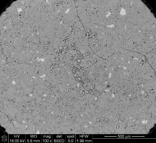 SEM-BSE images of the microstructure of 40-year-old belite paste. Visible aggregates of calcium hydroxide grains.