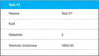 4. Wartość docelowa masa docelowa receptury, suma mas wszystkich składników, opcja nieedytowalna, jest aktualizowana na bieżąco przez program po dodaniu każdego kolejnego składnika do receptury.