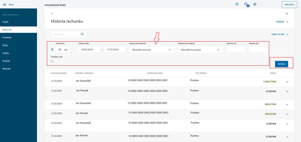 HISTORIA ZBIORCZA Historia zbiorcza umożliwia pobranie historii operacji łącznie do wszystkich rachunków, do których posiadasz pełnomocnictwo - Po kliknięciu na ikonę Pokaż filtry, pojawią się