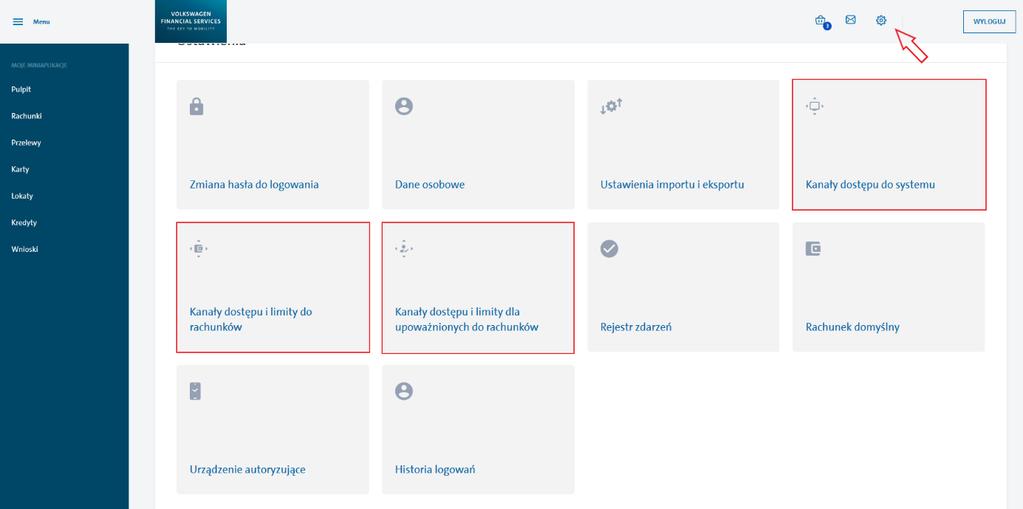 6. Zmiana limitów W celu zmiany limitów do transakcji wykonywanych przez system transakcyjny, udaj się do symbolu ustawień prawej stronie.
