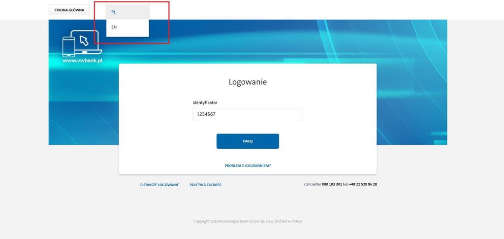 1. Logowanie do bankowości internetowej - Wejdź na stronę Banku i udaj się na stronę logowania - W polu Identyfikator wpisz swój 7-cyfrowy numer Klienta i kliknij Dalej Strona jest dostępna w dwóch