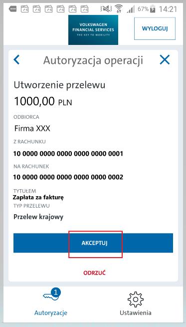 - Po wypełnieniu wszytkich pól i kliknięciu na opcje Dalej pojawi się podsumowanie transakcji oraz informacja o wysłaniu powiadomienia do aplikacji VWFS Token Mobilny.