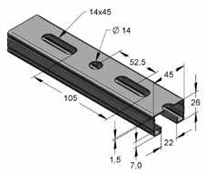 Otwór podłużny 14 x 45 mm z poszerzeniem 18 mm, dodatkowy otwór okrągły 18 mm. Szyna profilowa typ 45/26 Nazwa Zabezpieczenie antykorozyjne Masa Długość Ilość w opak.