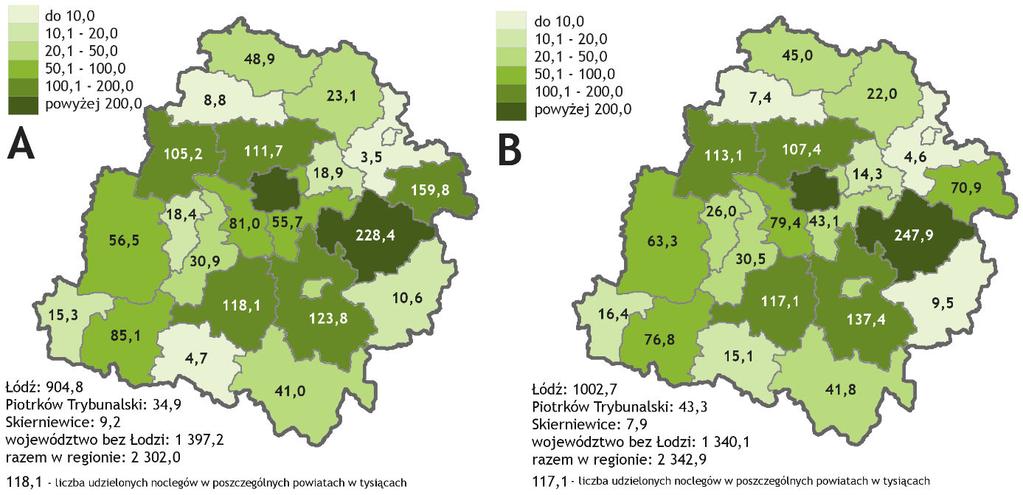 Charakterystyka ruchu turystycznego w województwie łódzkim Rysunek 11. Liczba osób korzystających z obiektów noclegowych w powiatach województwa łódzkiego od stycznia do września 2016 (A.