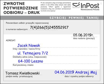 Zadanie 15. Analizując przedstawione Zwrotne potwierdzenie odbioru można stwierdzić, że odbiorcą przesyłki rejestrowanej jest Tomasz Kwiatkowski.