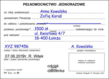 Tomasz Kwiatkowski przekazał zwrotne potwierdzenie odbioru Jackowi Nowakowi. Zadanie 16.