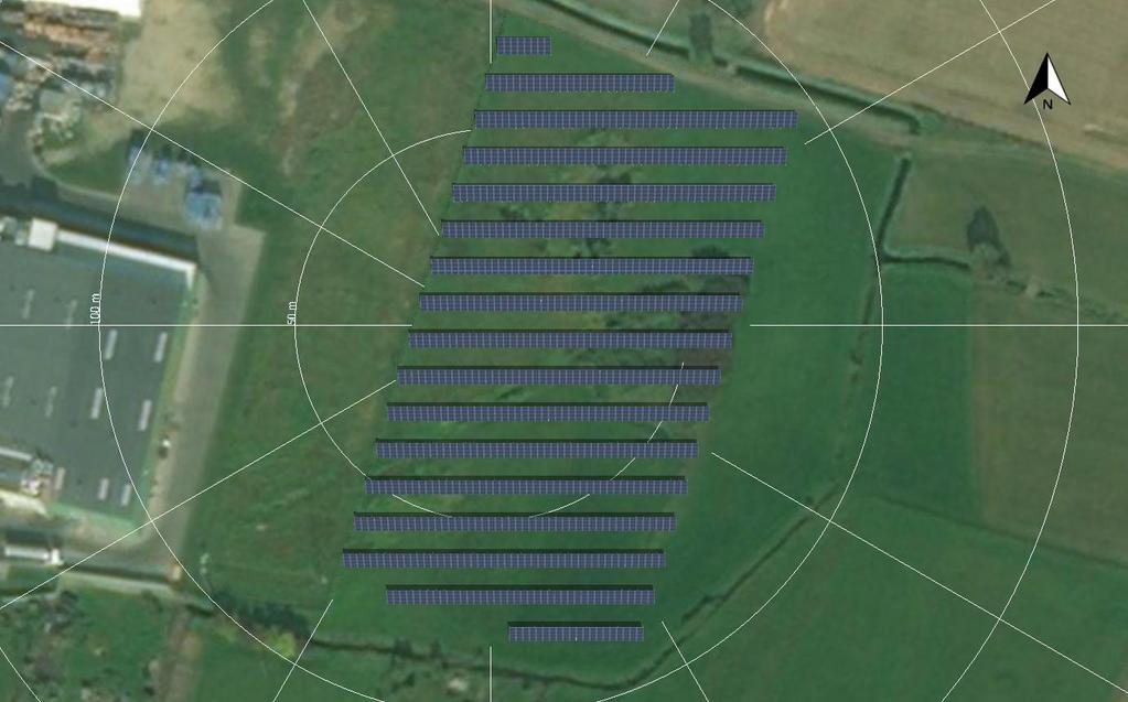 Wariant 2 montaż instalacji fotowoltaicznej na gruncie mocowanie mechaniczne a) Kąt nachylenia modułów - 20 0 b) Odległości między rzędami 5,20 m c) Ilość modułów w każdym rzędzie - 4 rzędy w