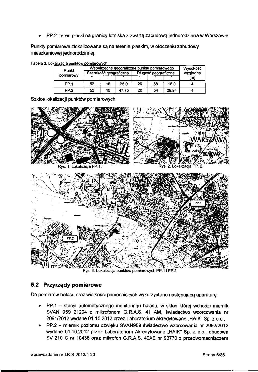 PP.2: teren płaski na granicy lotniska z zwartą zabudową jednorodzinna w Warszawie Punkty pomiarowe zlokalizowane są na terenie płaskim, w otoczeniu zabudowy mieszkaniowej jednorodzinnej. Tabela 3.