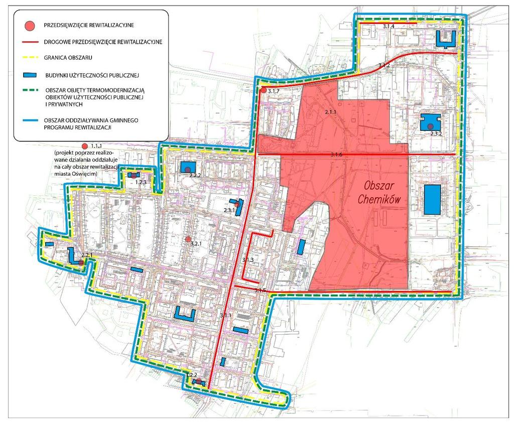 Załącznik nr 1 Załącznik graficzny przedstawiający podstawowe kierunki zmian funkcjonalno-przestrzennych obszaru rewitalizacji Projekty rewitalizacyjne na Obszarze Chemików 1.1.1 Oświęcimski Instytut Praw Człowieka 1.