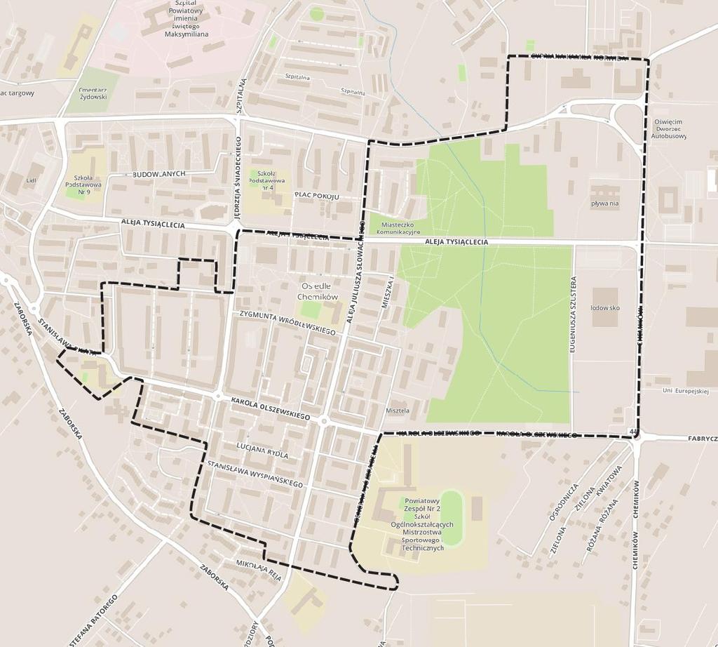 Grafika 17 Mapa poglądowa podobszaru Chemików Źródło: opracowanie własne 4.1.1 Sfera społeczna Struktura ludności Obszar Chemików zamieszkiwany jest przez 7 706 osób, co stanowi 19,54% ogółu mieszkańców Oświęcimia.