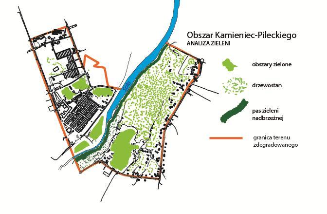 Źródło: opracowanie własne Dodatkowo poddano analizie dostępność terenów i stref zieleni miejskiej na Obszarze Kamieniec-Pileckiego z punktu widzenia ich dostępności dla mieszkańców.