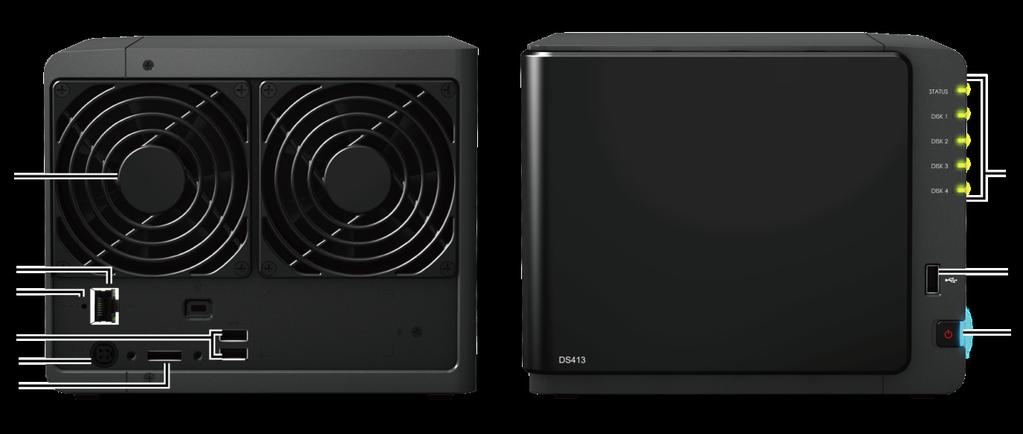 Elementy serwera Synology DiskStation Lp. Element Lokalizacja Opis 1) Wskaźniki LED Panel przedni Wskaźniki LED prezentują status systemu i wewnętrznego dysku.