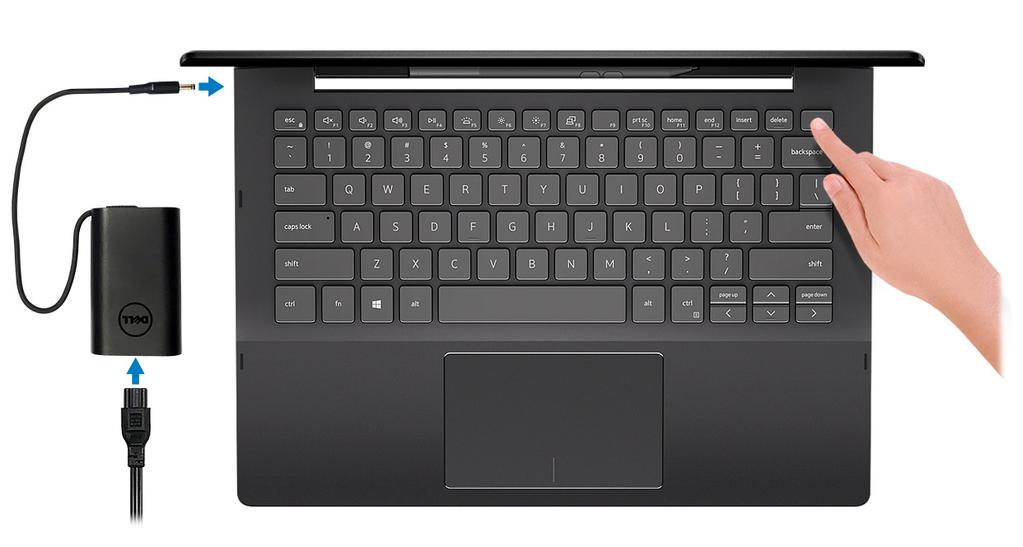 Konfigurowanie komputera Inspiron 7391 2n1 1 UWAGA W zależności od zamówionej konfiguracji posiadany komputer może wyglądać nieco inaczej niż na ilustracjach w tym dokumencie. 1. Podłącz zasilacz i naciśnij przycisk zasilania.
