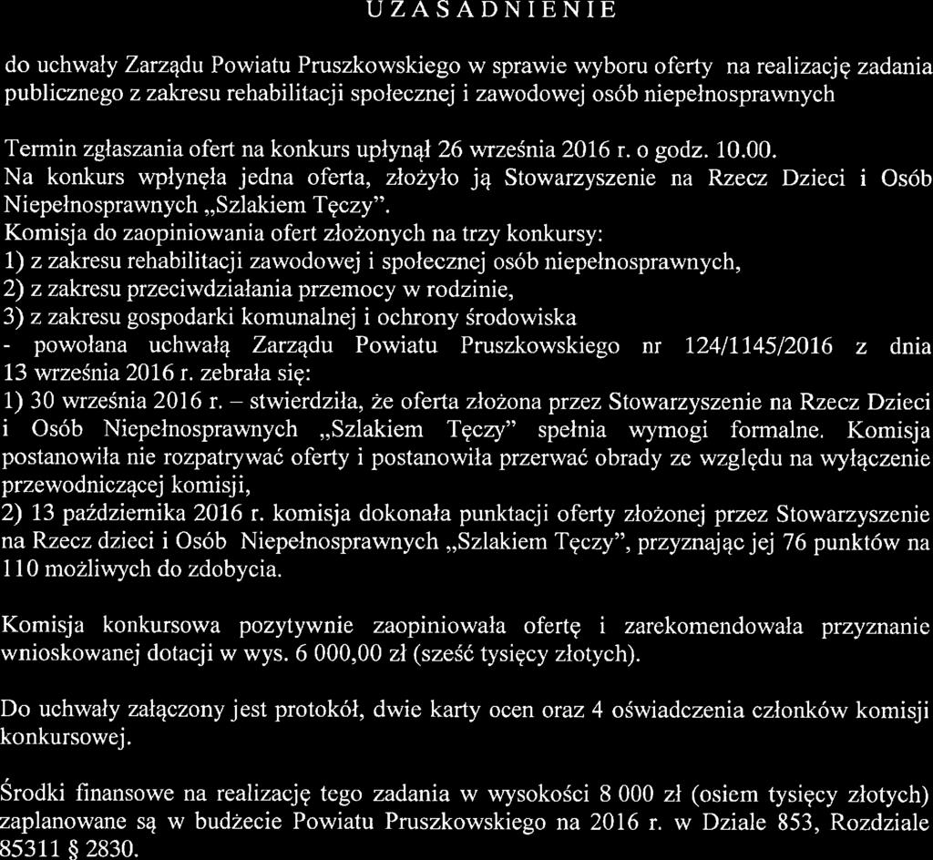 UZASADNIENIE do uchwały Zarządu Powiatu Pruszkowskiego w sprawie wyboru oferty na realizację zadania publicznego z zakresu rehabilitacji społecznej i zawodowej osób niepełnosprawnych Termin