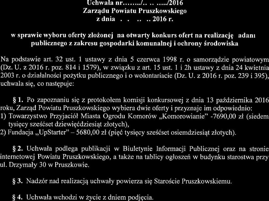 w sprawie wyboru oferty złożonej na otwarty konkurs ofert na