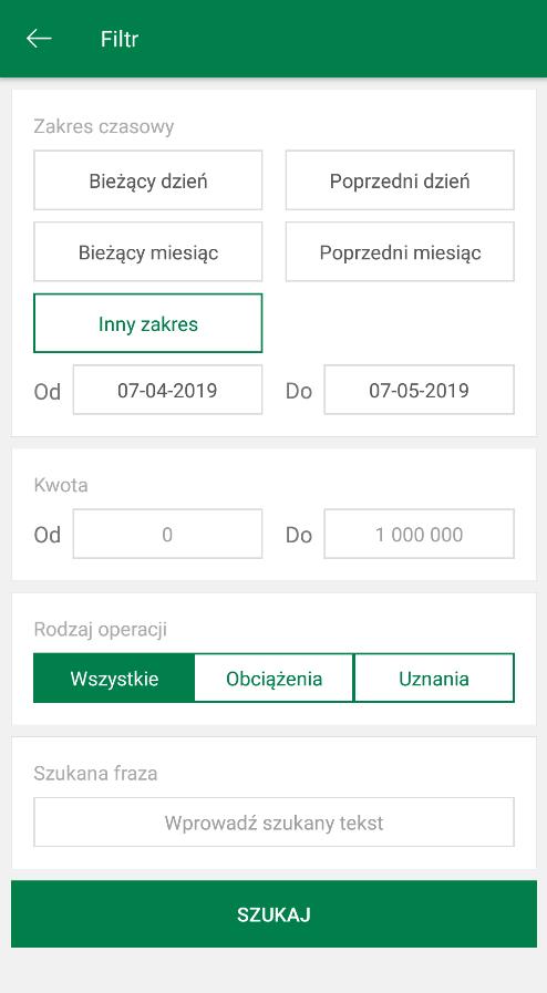 historii możliwe jest dla wybranego rachunku.