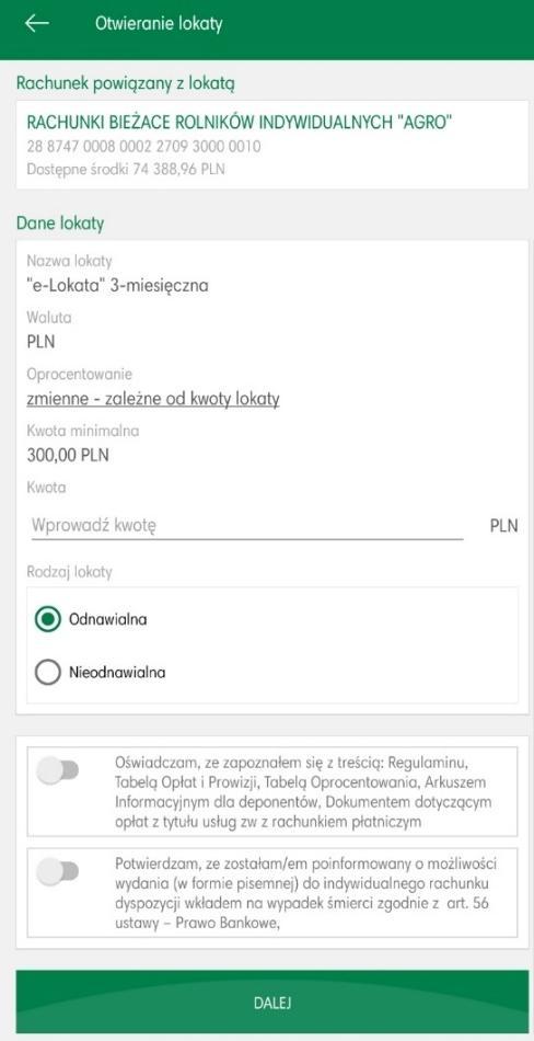 Dodatkowo użytkownik ma możliwość (pod warunkiem posiadanych uprawnień nadanych w banku): - otwarcia nowej lokaty wybierając opcję Otwórz lokatę, w kolejnym kroku wskazujemy rachunek, z którego