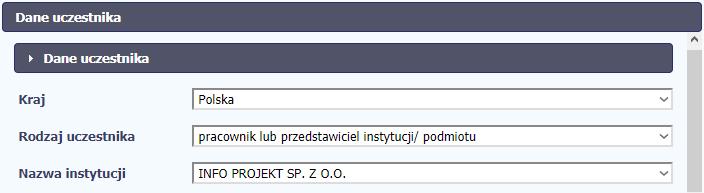 Jeżeli uzupełniane są dane dotyczące pracownika instytucji objętej wsparciem, w polu Nazwa instytucji należy wybrać właściwą wartość z listy rozwijalnej zawierającej nazwy instytucji wprowadzonych