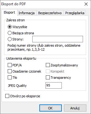 Eksport do PDF umożliwia zabezpieczenie raportu hasłem, oraz określeniem, czy raport można drukować, czy z