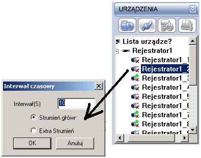 5. Zaznacz numer okna, w którym chcesz umieścić wybrany strumień Video 6. Na panelu URZĄDZENIA kliknij dwukrotnie na strumień Video (kanał) ze zdefiniowanego urządzenia.