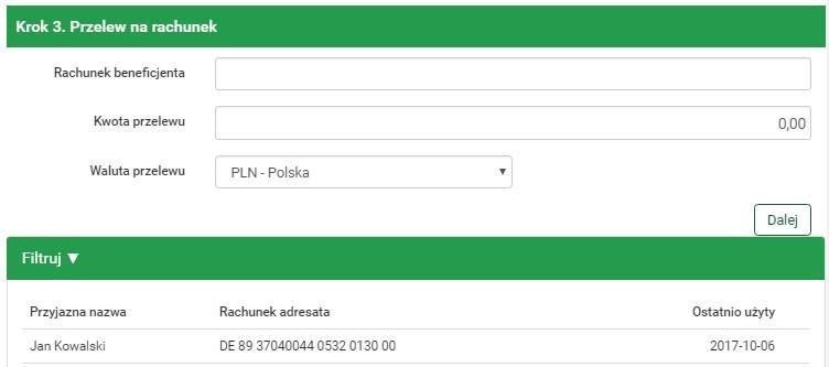 Po wybraniu rachunku następuje przejście do kroku 3 o nazwie Przelew na rachunek, w którym użytkownik wybiera rachunek adresata (rys.4.13). Rysunek 4.