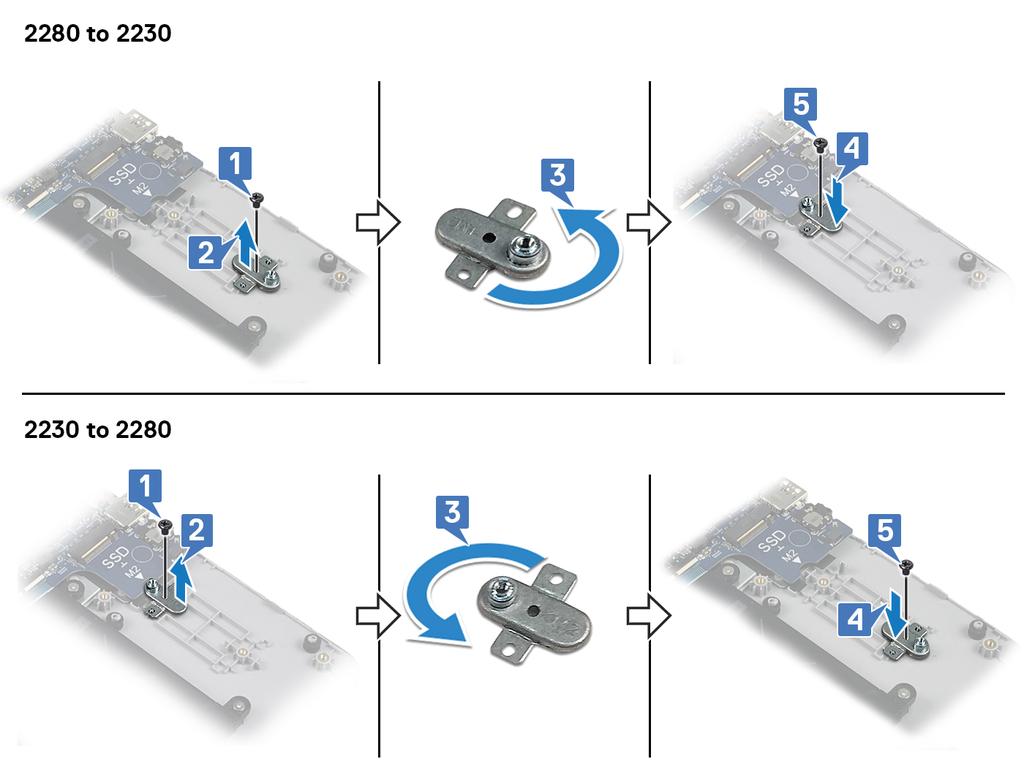 Procedura UWAGA Gniazdo na kartę M.2 w komputerze obsługuje następujące konfiguracje: Dysk SSD M.2 2230 Dysk SSD M.2 2280 Pamięć Intel Optane M.