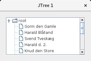 Okno pokazuje JTree w JScrollPane i hierarchię (drzewo), która w tym przypadku składa się tylko z listy nazw, ale taka, że wszystkie nazwy są węzłami potomnymi pod katalogiem głównym.
