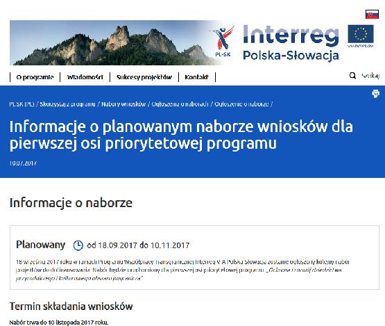 eu/ogloszenie-o-naborze - Informacje o naborach mikroprojektów: Strona Euroregionu Beskidy, zakładka