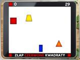 Matematyka - kwadraty Z góry spadają różne figury geometryczne. Zadaniem jest złapać w ciągu 30 sekund jak najwięcej kwadratów. Duży kwadrat to +3 punkty, mały kwadrat to +1 punkt.