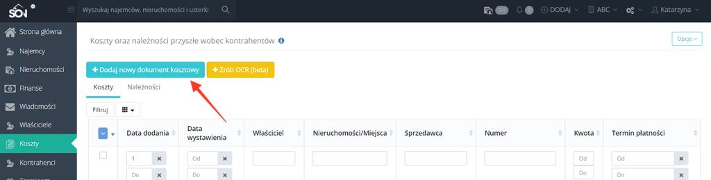 Mona wygenerowa raport dokumentów kosztowych w menu Raporty z podziaem na nieruchomoci lub na cay oddzia.