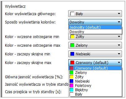 Rys. 12. Okno wyboru (dostępne opcje) W oknie konfiguracji urządzenia (sekcja wyświetlacz) możemy również konfigurować sposób wyświetlania kolorów ( numeru zaczepu) na wyświetlaczu urządzenia.