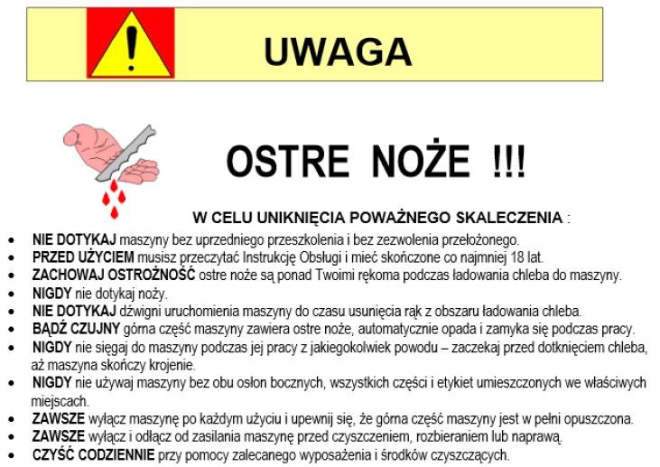Przygotowanie krajalnicy do pracy Nowe lub po ostrzeniu noże są fabrycznie konserwowane.