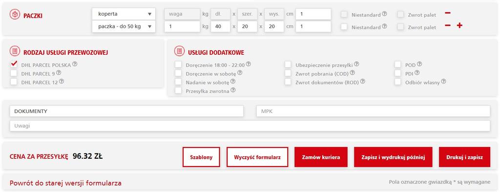 09 10 11 12 13 14 15 09 Wybierz parametry przesyłki - rodzaj, wagę, wymiary, liczbę paczek 10 Dodaj nową paczkę do przesyłki klikając + lub usuń paczkę, klikając - 11 12 Wybierz rodzaj usługi