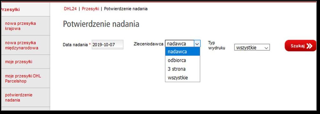 Generowanie potwierdzenia nadania przesyłek Jeśli na koncie został uruchomiony wydruk