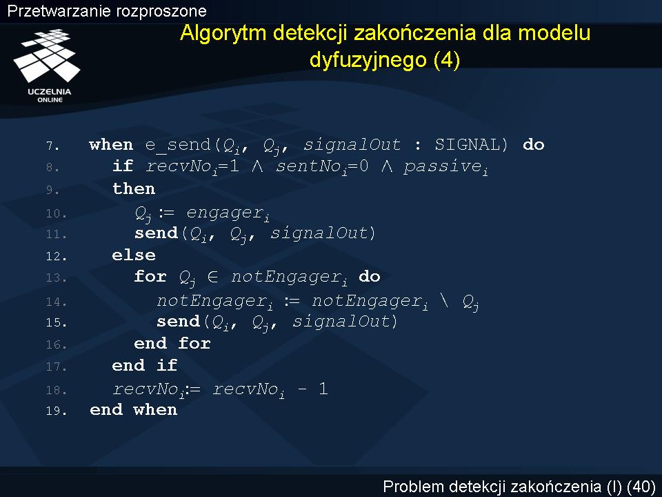 Algorytm detekcji zakończenia dla dyfuzyjnego modelu przetwarzania (4) Zdarzenie wysłania wiadomości typu SIGNAL może zajść dla monitora Q i dla tylko wtedy, gdy (recvno i > 1) (recvno i = 1 sentno i