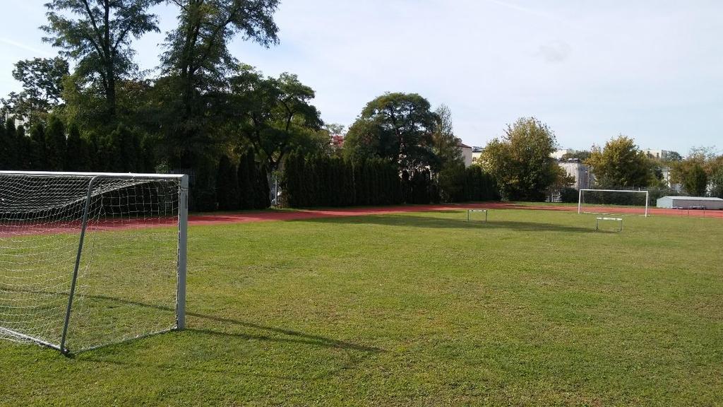 sportowych na boisku trawiastym.