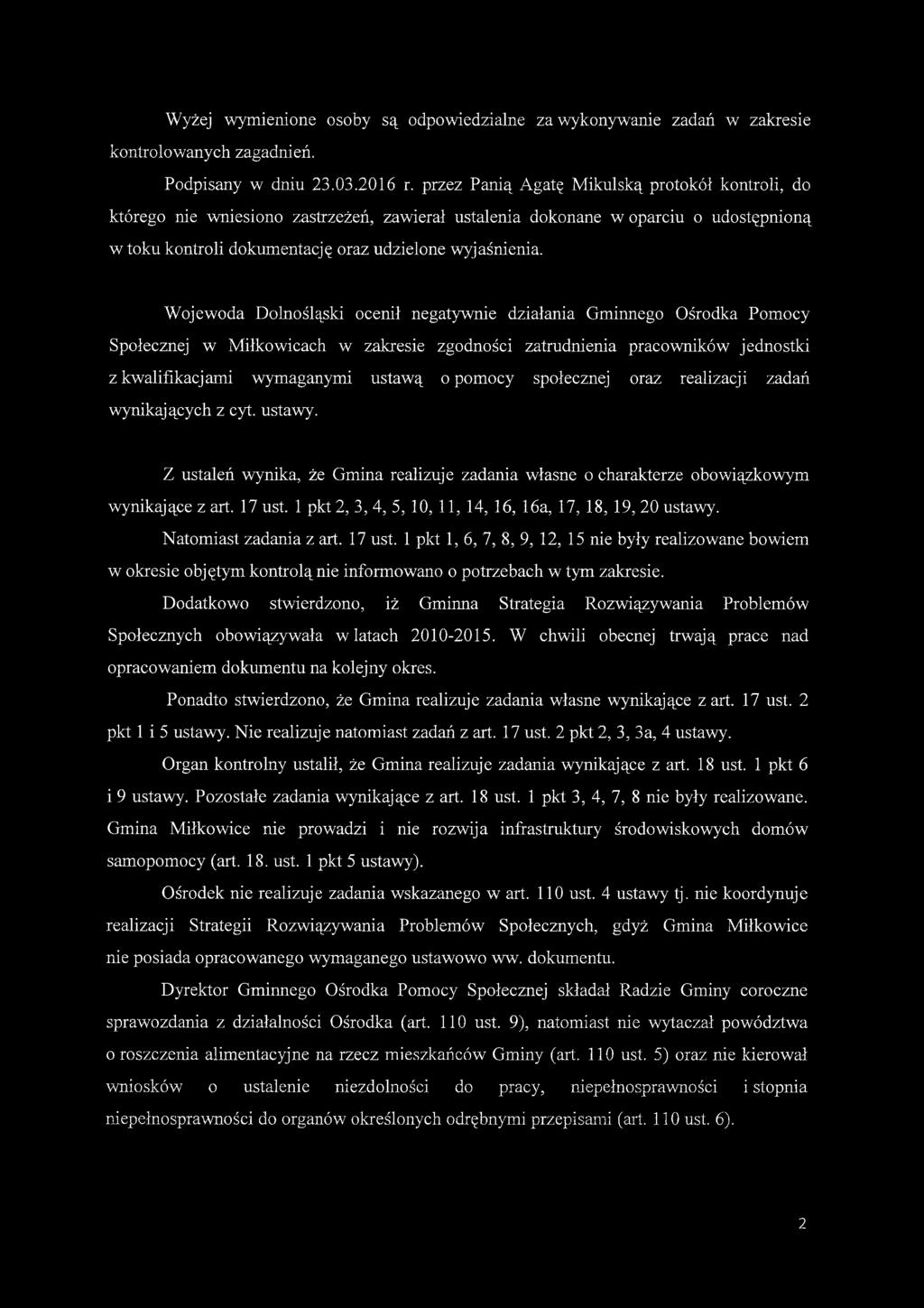 Wojewoda Dolnośląski ocenił negatywnie działania Gminnego Ośrodka Pomocy Społecznej w Miłkowicach w zakresie zgodności zatrudnienia pracowników jednostki z kwalifikacjami wymaganymi ustawą o pomocy