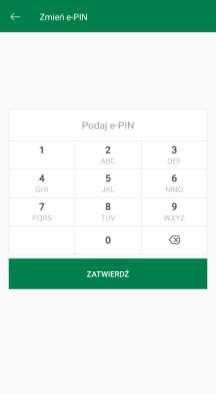 5.1. Zmień e-pin Opcja pozwala na zmianę kodu e-pin, którym logujemy się do Aplikacji i autoryzujemy transakcje. Długość kodu e-pin powinna zawierać się między 5 a 20